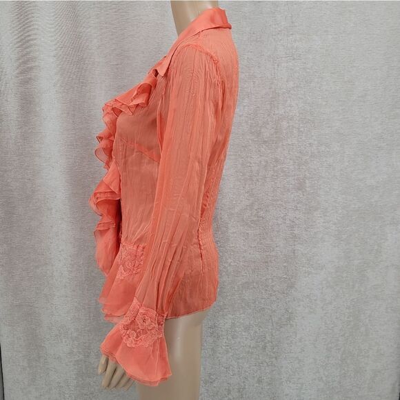 MK Solo Coquettegirl Coral Color Poet Blouse Y2K Taffeta Satin Lace Ruffled - Picture 4 of 12